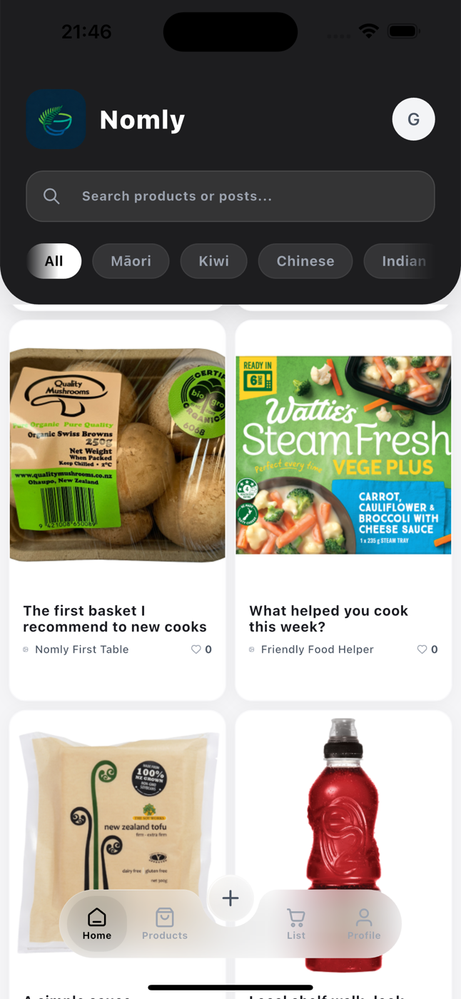 Nomly iOS home screen showing community food posts